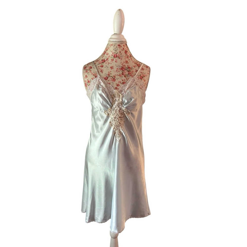 Vintage Nightgown By Appel Shiny Satin Floral Lace Appliqués Lingerie Soft Girl